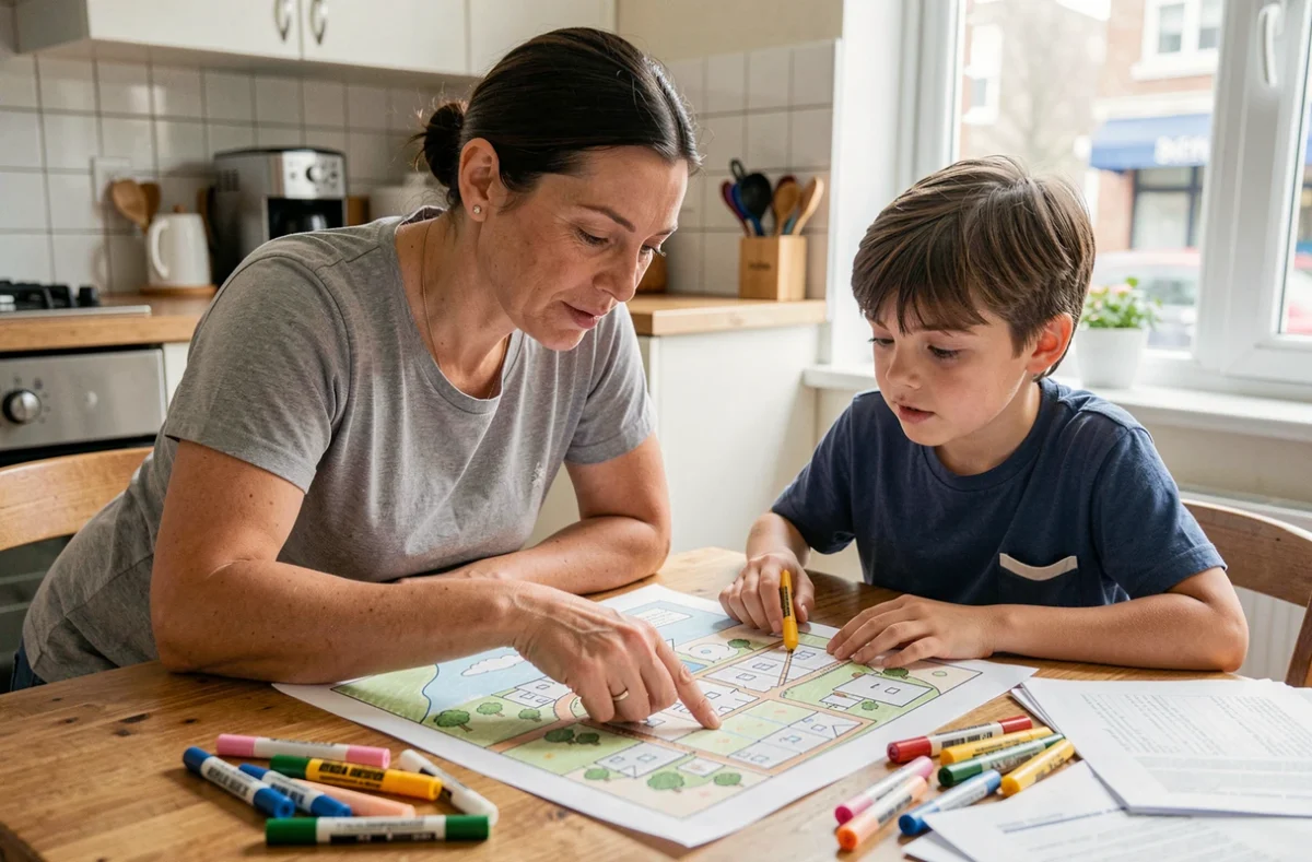 Mère et enfant examinant un plan du nouveau quartier sur une table de cuisine, facilitant l'acceptation du déménagement