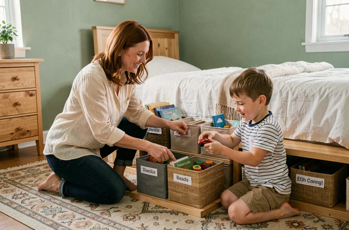 Mère aidant son jeune enfant à ranger des jouets dans des bacs de rangement dans la chambre