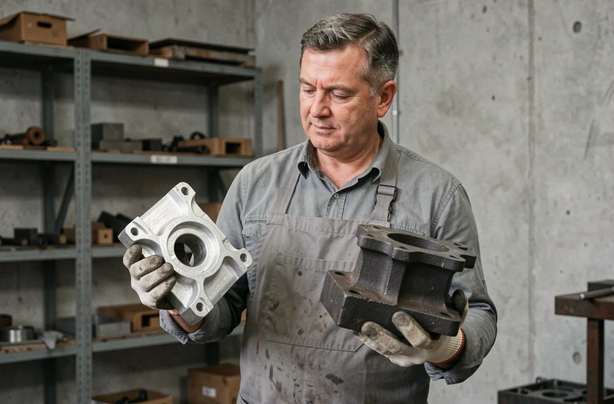 Un métallurgiste tenant des pièces brutes en fonte d'aluminium et en fonte de fer dans un atelier industriel
