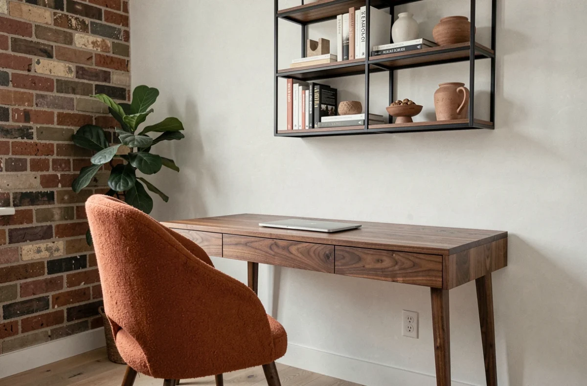 Bureau tendance avec chaise en bouclé terracotta, bureau en noyer massif et étagères modulaires en métal noir