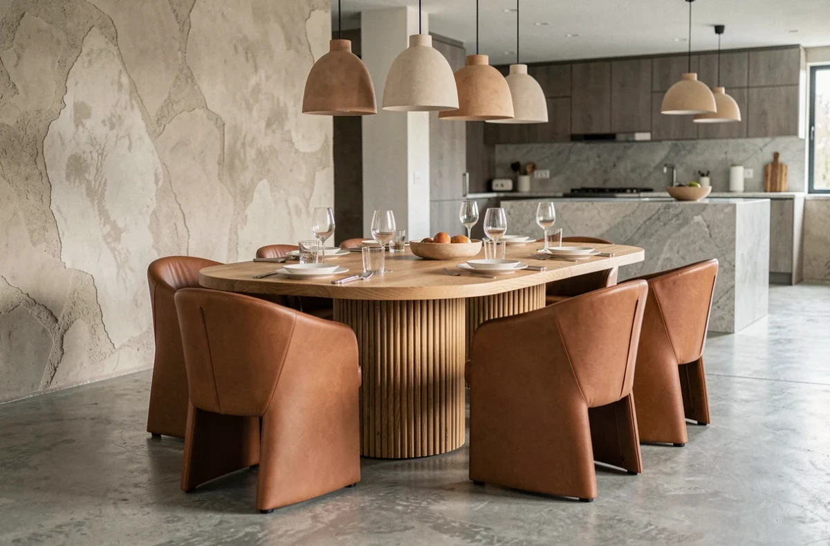Salle à manger moderne tendance avec table ovale en chêne cannelé et chaises sculpturales en cuir cognac