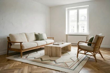 Salon scandinave tendance avec canapé en tissu bouclé, table basse en travertin et fauteuil en rotin sur tapis géométrique