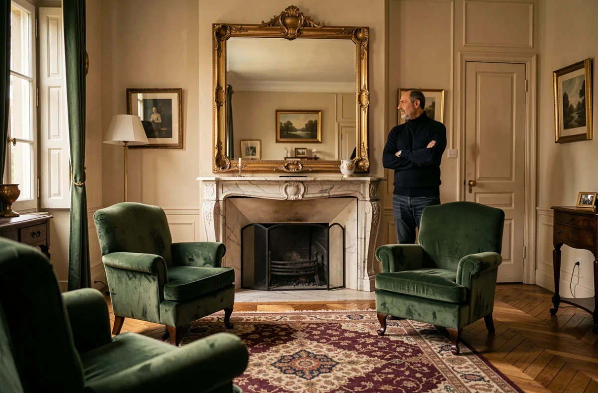 Homme évaluant la taille d'un grand miroir doré au-dessus d'une cheminée en marbre dans un salon français traditionnel