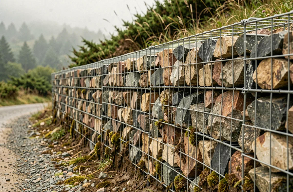Mur de gabions en pierre retenant une pente instable en zone rurale, technique de stabilisation des talus
