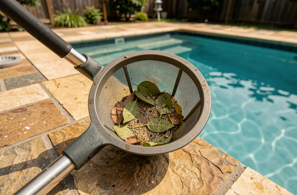 Panier de skimmer de piscine rempli de débris et de feuilles lors d'une opération d'entretien pour garder l'eau propre
