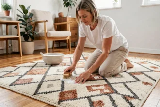 Femme en train de nettoyer un tapis berbère laineux avec une brosse douce sur un parquet en bois