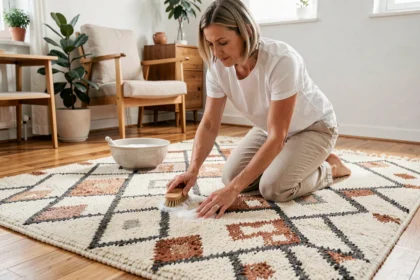 Femme en train de nettoyer un tapis berbère laineux avec une brosse douce sur un parquet en bois