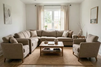 Salon moderne et bien agencé avec canapé d'angle, deux fauteuils et table basse, illustrant le nombre idéal de chaises dans un salon