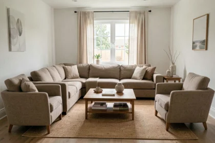 Salon moderne et bien agencé avec canapé d'angle, deux fauteuils et table basse, illustrant le nombre idéal de chaises dans un salon