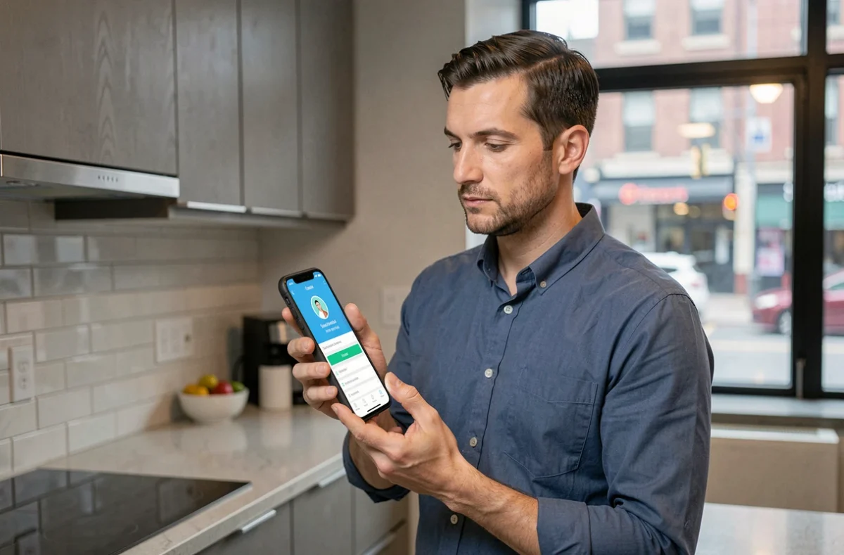 Homme contactant le service client EDF via une application mobile pour signaler un changement d'adresse