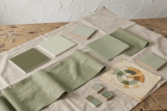 Nuancier de verts neutres - échantillons de peinture en vert sauge, olive et eucalyptus sur fond de lin naturel