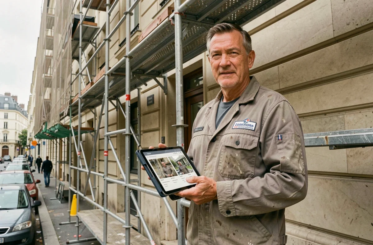 Ouvrier en rénovation de façade présentant son portfolio sur tablette depuis un échafaudage urbain