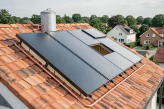 Panneaux solaires thermiques installés sur le toit d'une maison pour chauffer l'eau chaude sanitaire