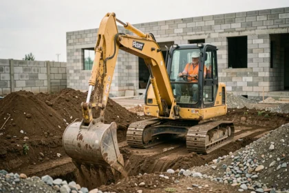 Pelleteuse creusant les fondations d'une maison sur un chantier de construction résidentiel