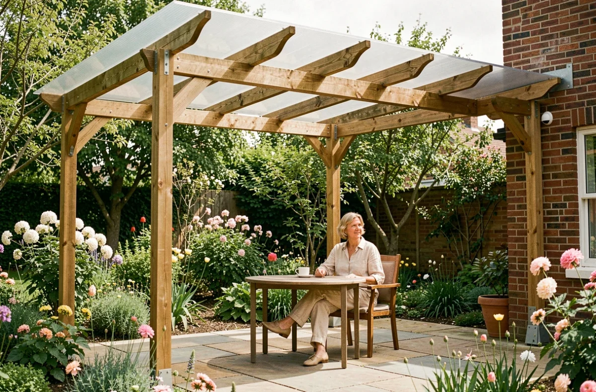 Pergola résidentielle avec toit en polycarbonate épais installé sur une terrasse de jardin, femme assise en dessous