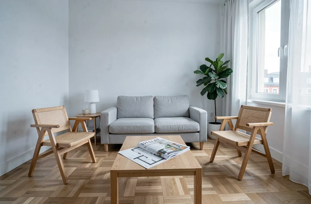 Petit salon scandinave optimisé avec canapé deux places et chaises en bois empilables, idéal pour choisir le bon nombre de sièges