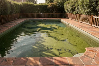 Piscine résidentielle avec eau verte et trouble causée par des algues malgré un traitement au chlore