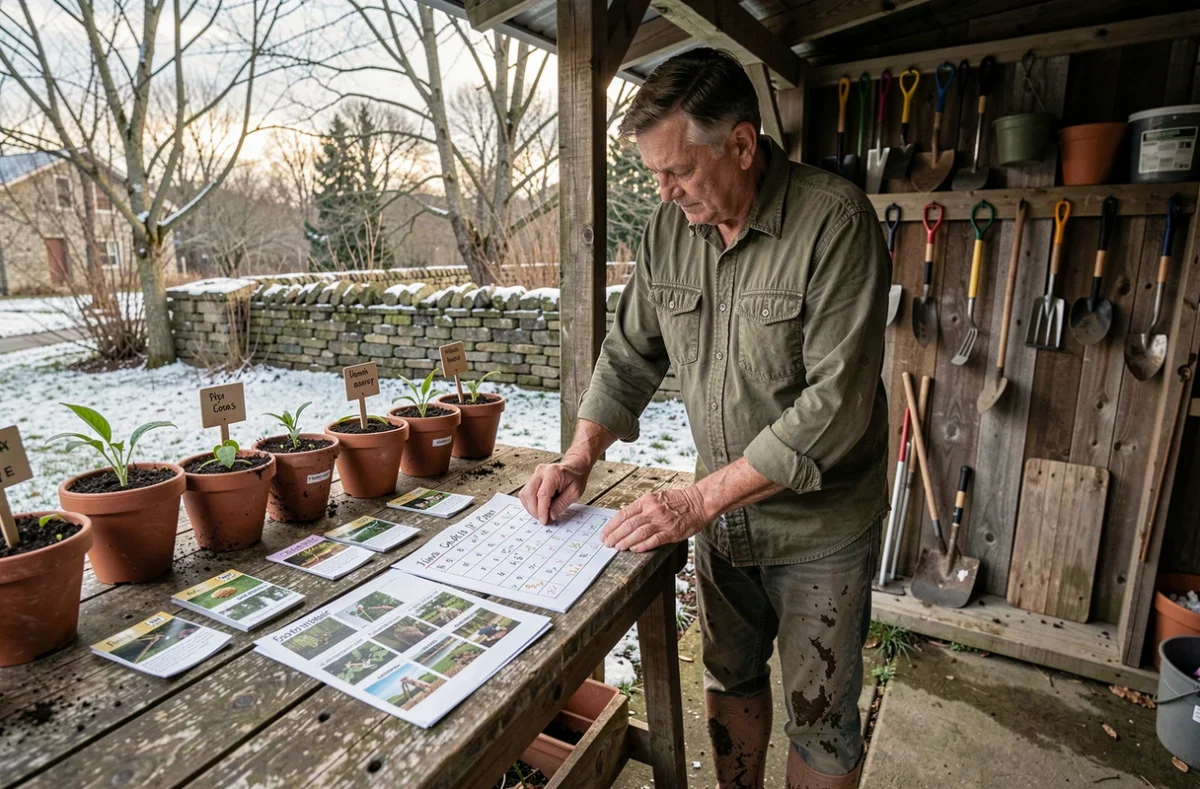 Jardinier consultant un calendrier de plantation et des sachets de graines pour planifier un potager en permaculture