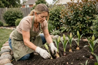 Femme plantant des bulbes de lys dans un parterre de jardin bien entretenu