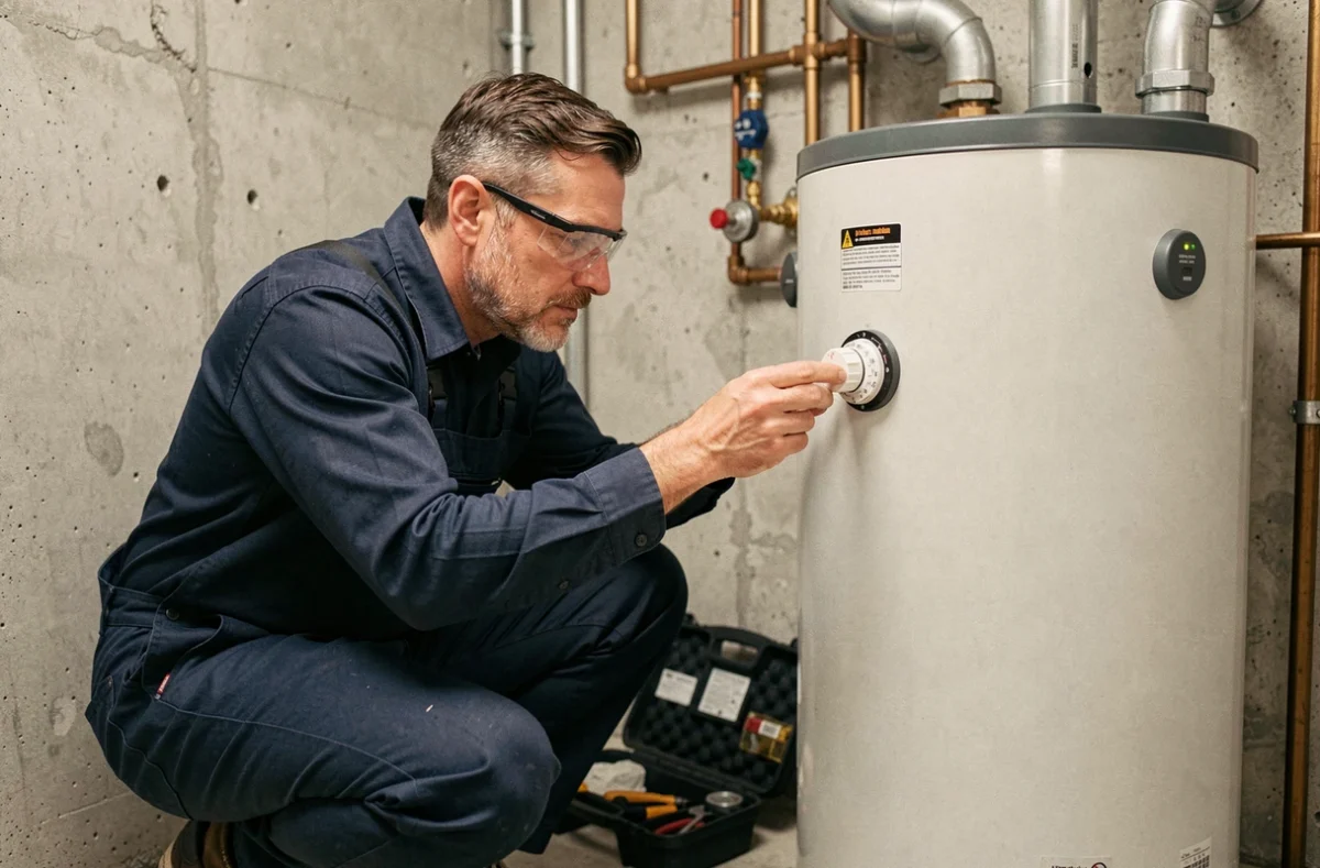 Plombier inspectant un chauffe-eau électrique dans une chaufferie pour un logement de deux personnes