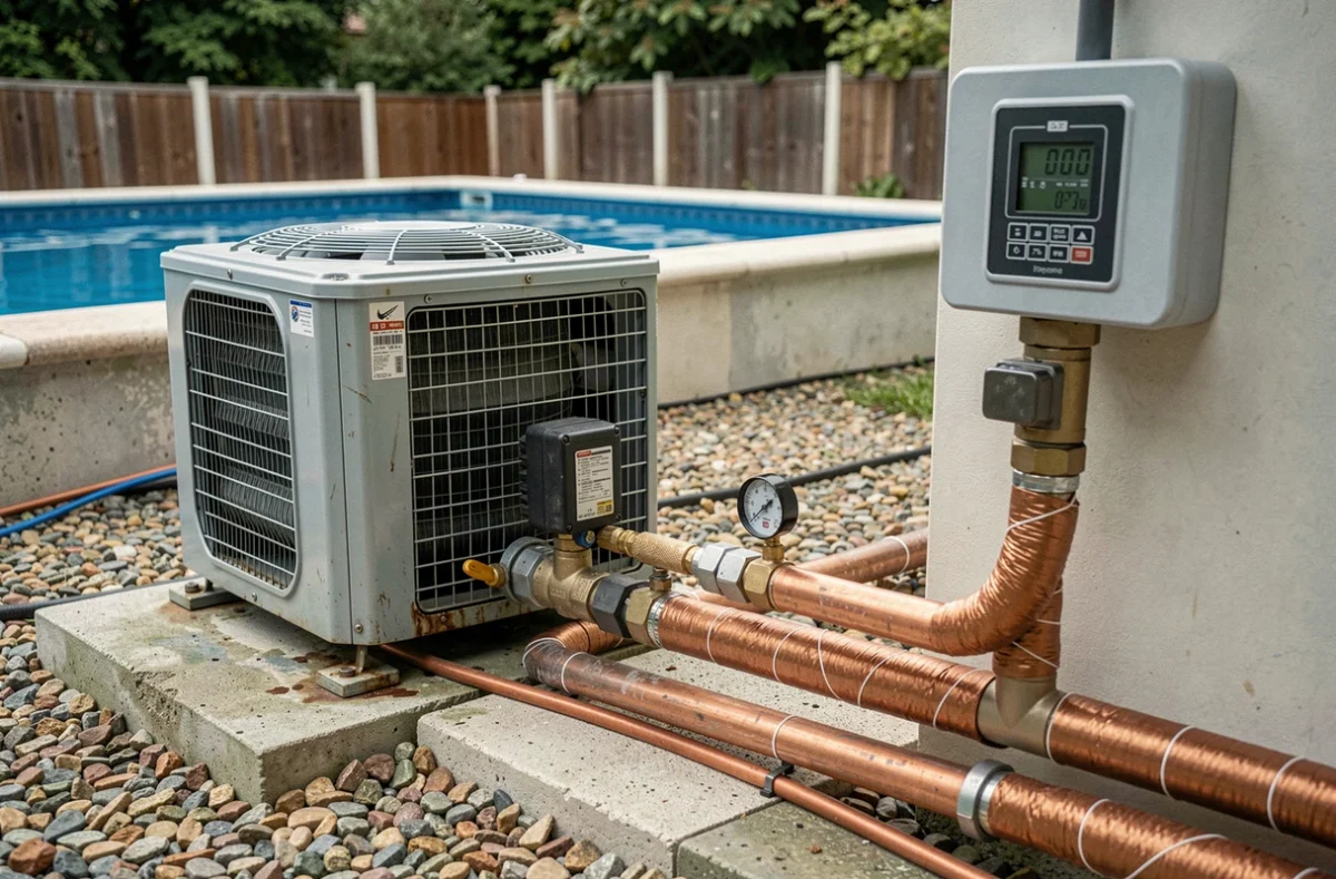 Pompe à chaleur pour piscine avec tuyaux et panneau de contrôle de température installée en extérieur