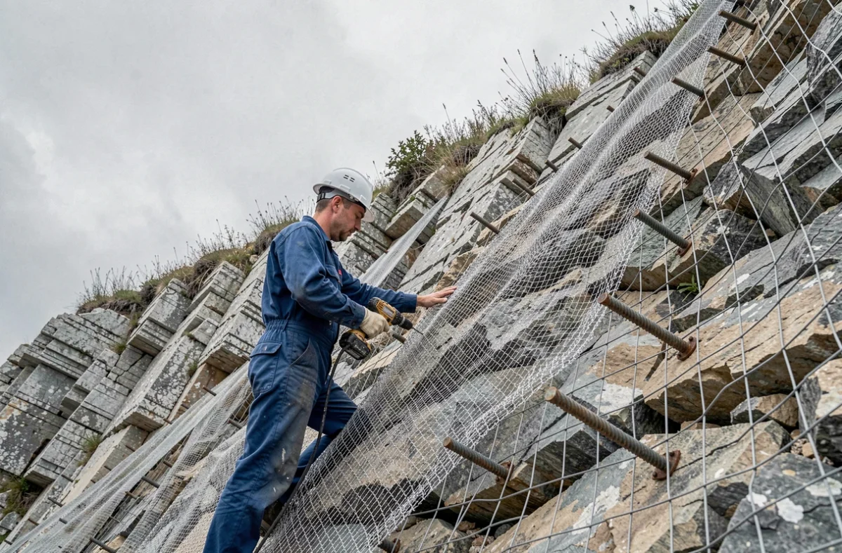 Techniciens posant des filets de soutènement et des ancrages métalliques sur une paroi rocheuse pour stabiliser une pente