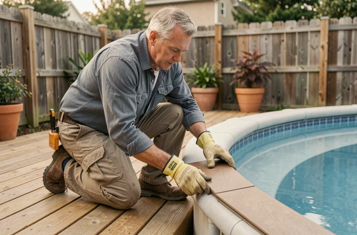 Homme posant une margelle en bois composite autour d'une piscine hors-sol dans un jardin de banlieue