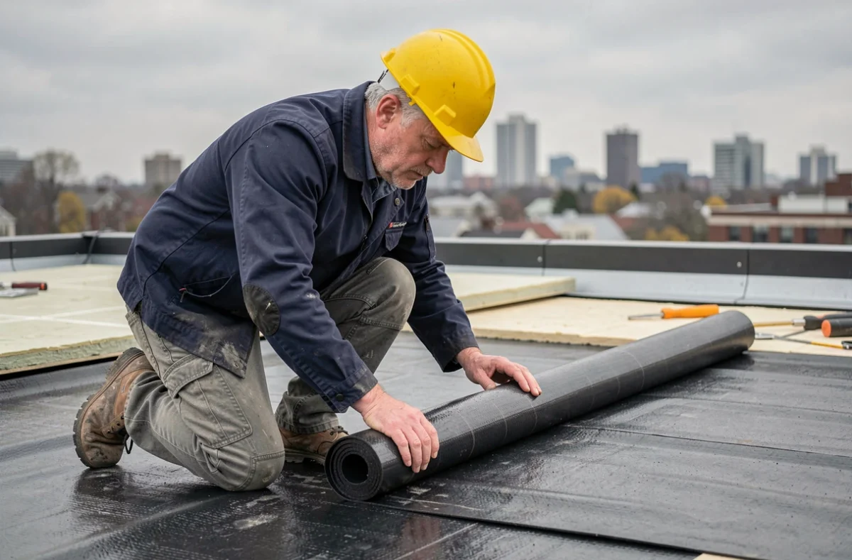 Ouvrier posant une membrane bitumineuse sur une toiture plate, solution économique de couverture