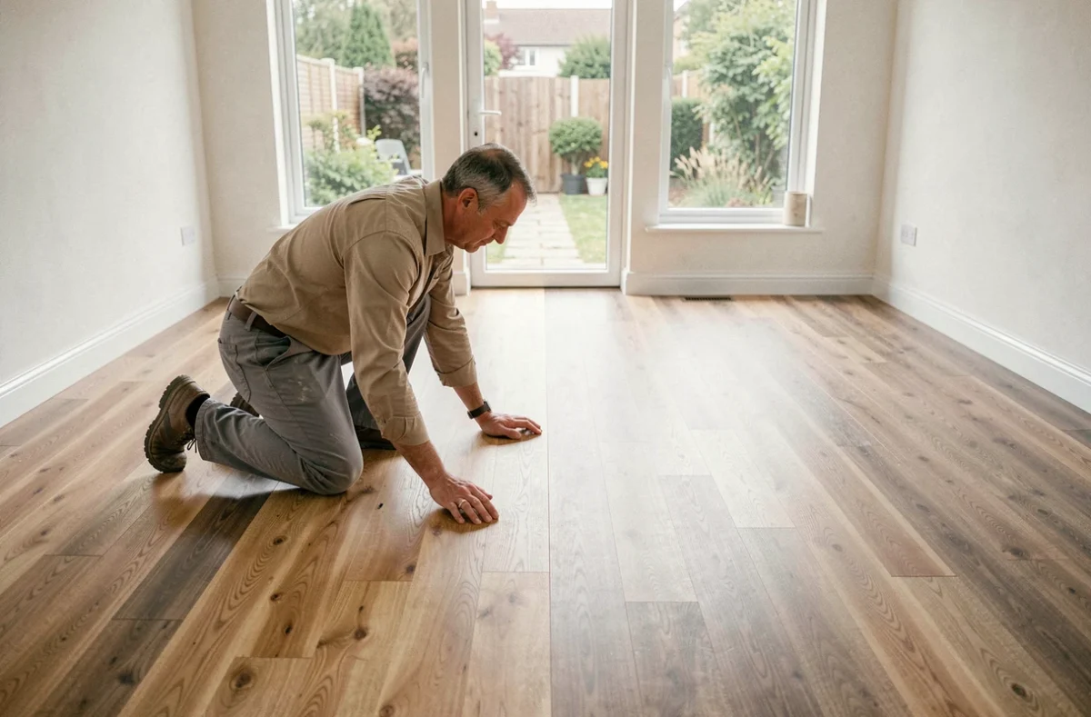 Artisan posant du parquet en chêne massif dans un salon avec une moitié de la pièce déjà recouverte de sol stratifié