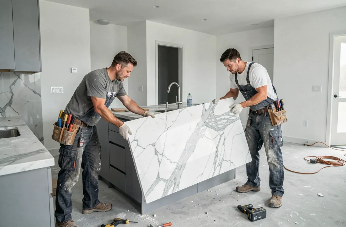 Deux ouvriers posant un plan de travail en marbre blanc dans une cuisine en rénovation