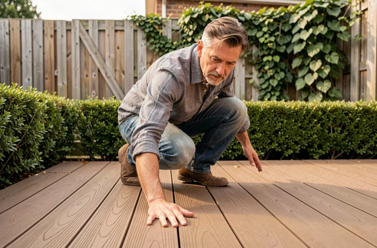 Homme inspectant des lames de terrasse en bois composite fraîchement posées dans un jardin résidentiel