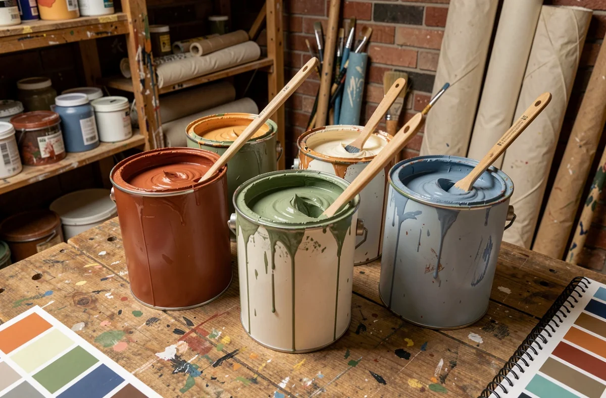 Pots de peinture ouverts présentant la palette de couleurs tendance 2026 incluant terracotta, vert sauge et bleu poudré sur un établi d'atelier