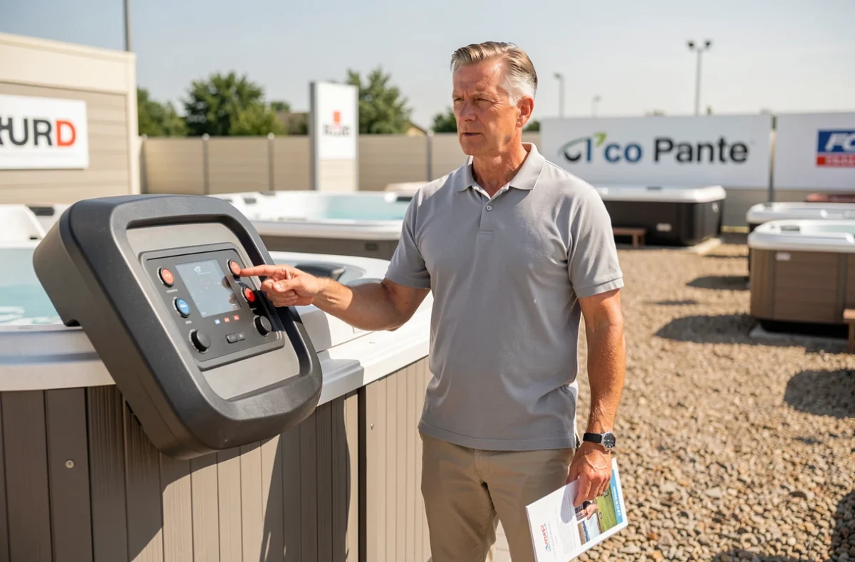 Vendeur présentant un couloir de nage hors-sol dans un showroom extérieur de piscines et spas