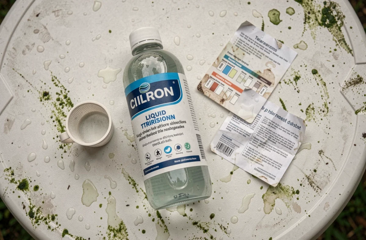 Produits de traitement de piscine incluant chlore choc et algicide posés près d'une piscine avec eau verte