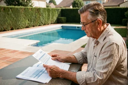 Propriétaire examinant ses documents de taxe foncière au bord d'une piscine résidentielle dans un jardin français