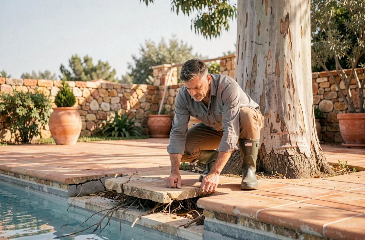Propriétaire inspectant les dégâts des racines d'eucalyptus soulevant les margelles d'une piscine dans un jardin méditerranéen
