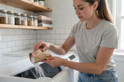 Femme versant du bicarbonate de soude dans le bac de détergent d'un lave-linge comme alternative à la lessive