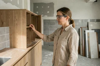 Femme inspectant un meuble de cuisine en bois sur mesure lors d'une rénovation en cours