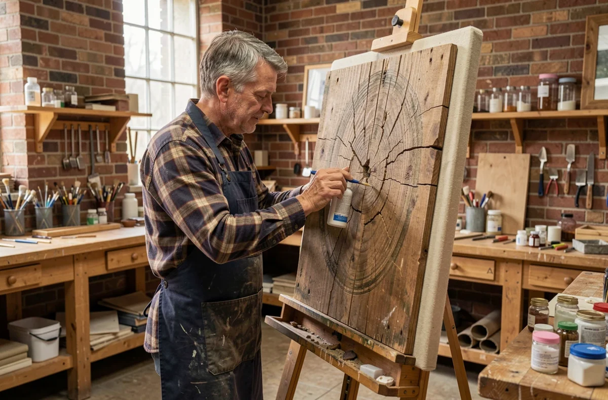 Restaurateur appliquant un consolidant sur un panneau en bois ancien dans un atelier de conservation du patrimoine