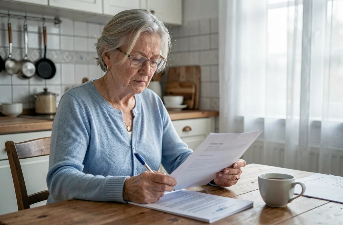 Retraitée examinant des documents d'aide au déménagement à sa table de cuisine