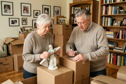 Couple de retraités faisant leurs cartons de déménagement dans leur salon