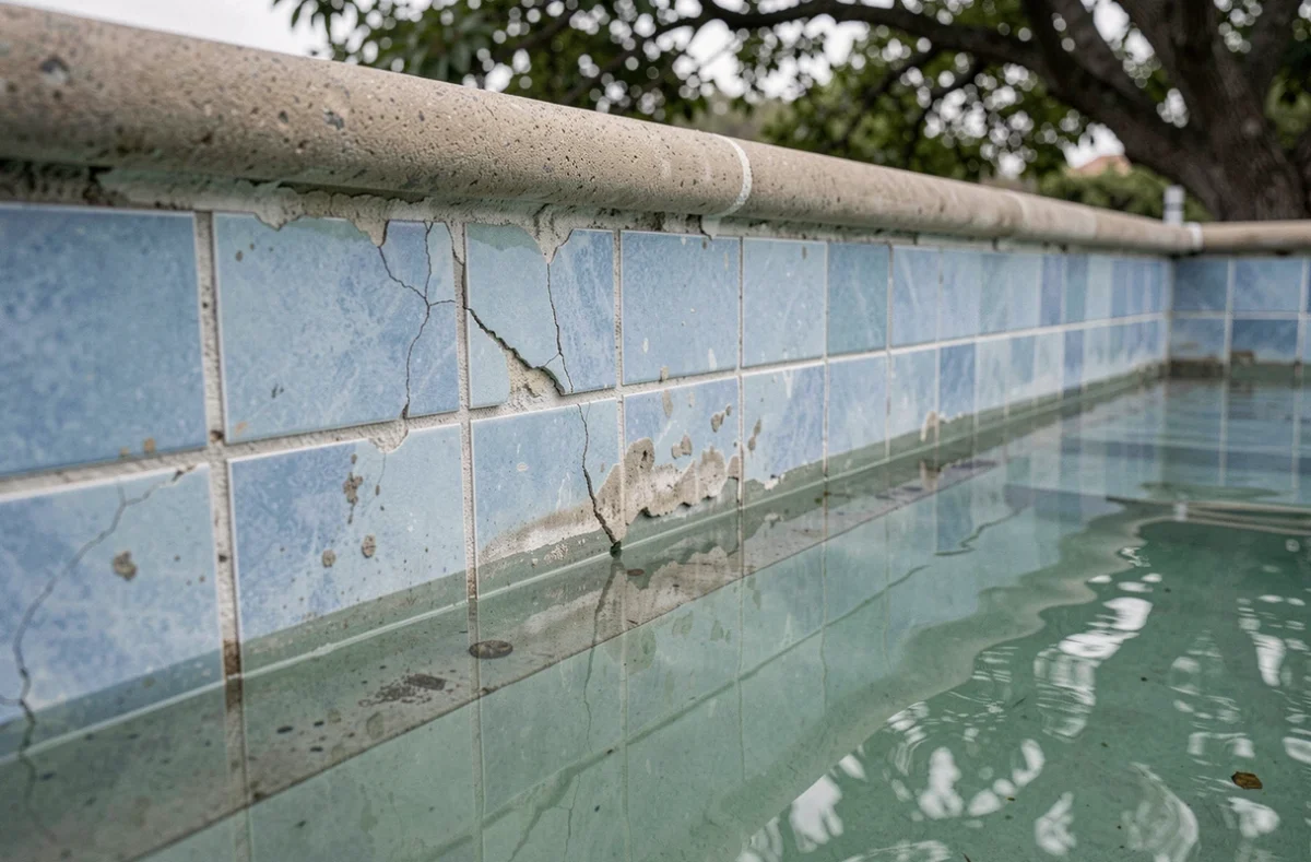 Détail du revêtement carrelé d'une piscine creusée montrant des fissures et dépôts calcaires