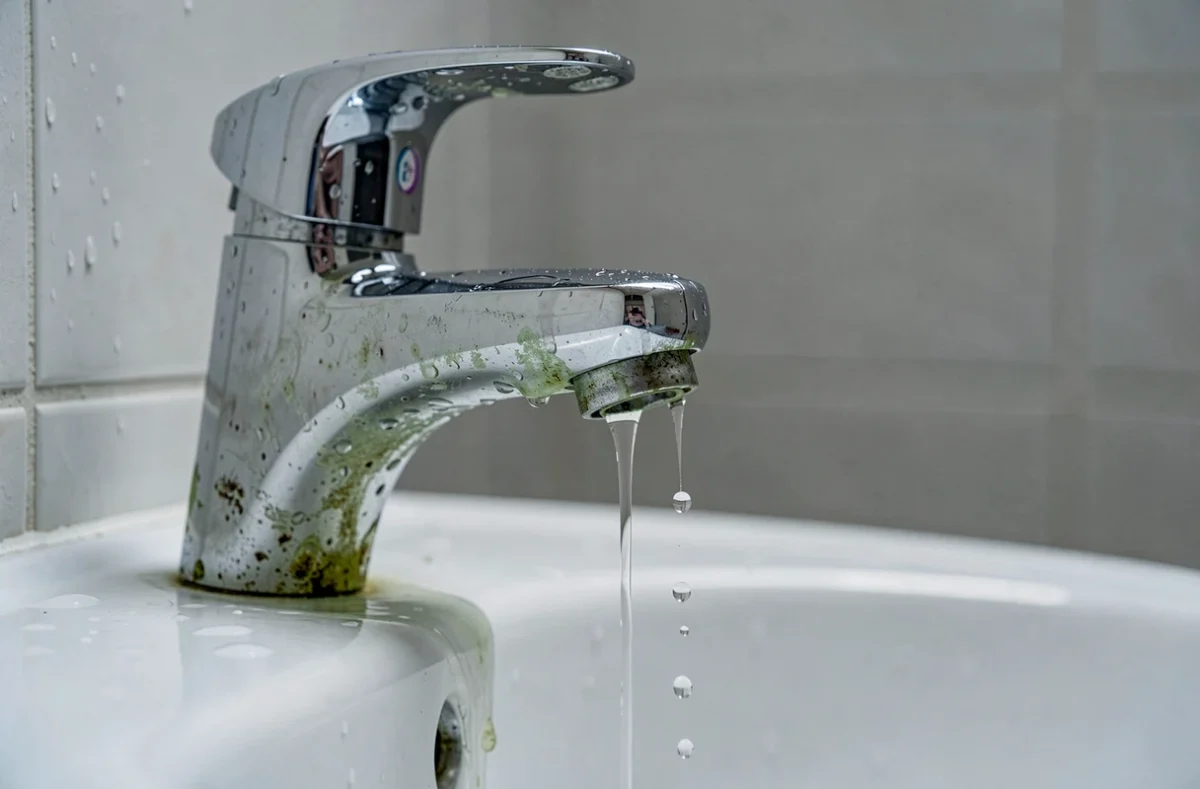 Robinet de salle de bain qui fuit avec dépôts de calcaire et gouttes d'eau visibles sur l'évier en porcelaine