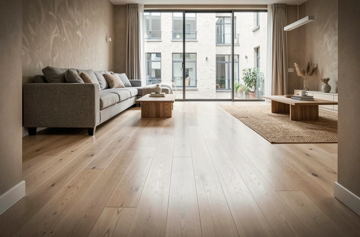 Salon moderne avec parquet vitrifié en frêne clair brillant reflétant le mobilier contemporain et la fenêtre panoramique