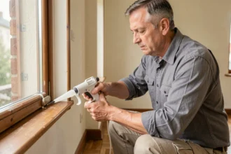 Homme appliquant du mastic silicone blanc autour d'un cadre de fenêtre en bois à l'intérieur d'un appartement