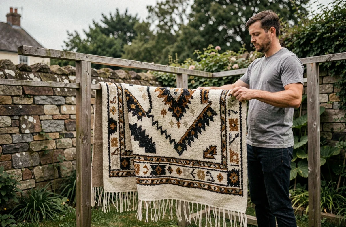Homme suspendant un tapis berbère humide sur un support en bois dans un jardin pour le faire sécher