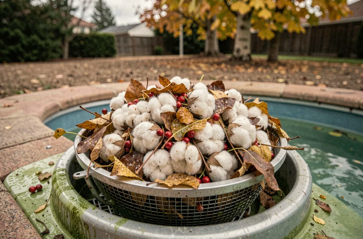 Panier de skimmer de piscine rempli de graines de peuplier et de feuilles collantes de ginkgo en automne