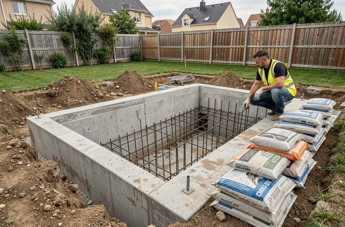 Structure en béton armé d'une piscine enterrée en cours de construction dans un jardin résidentiel