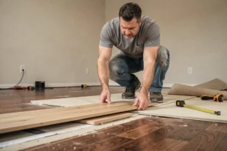 Poseur de parquet flottant superposant une lame en chêne clair sur un ancien parquet sombre en cours de rénovation