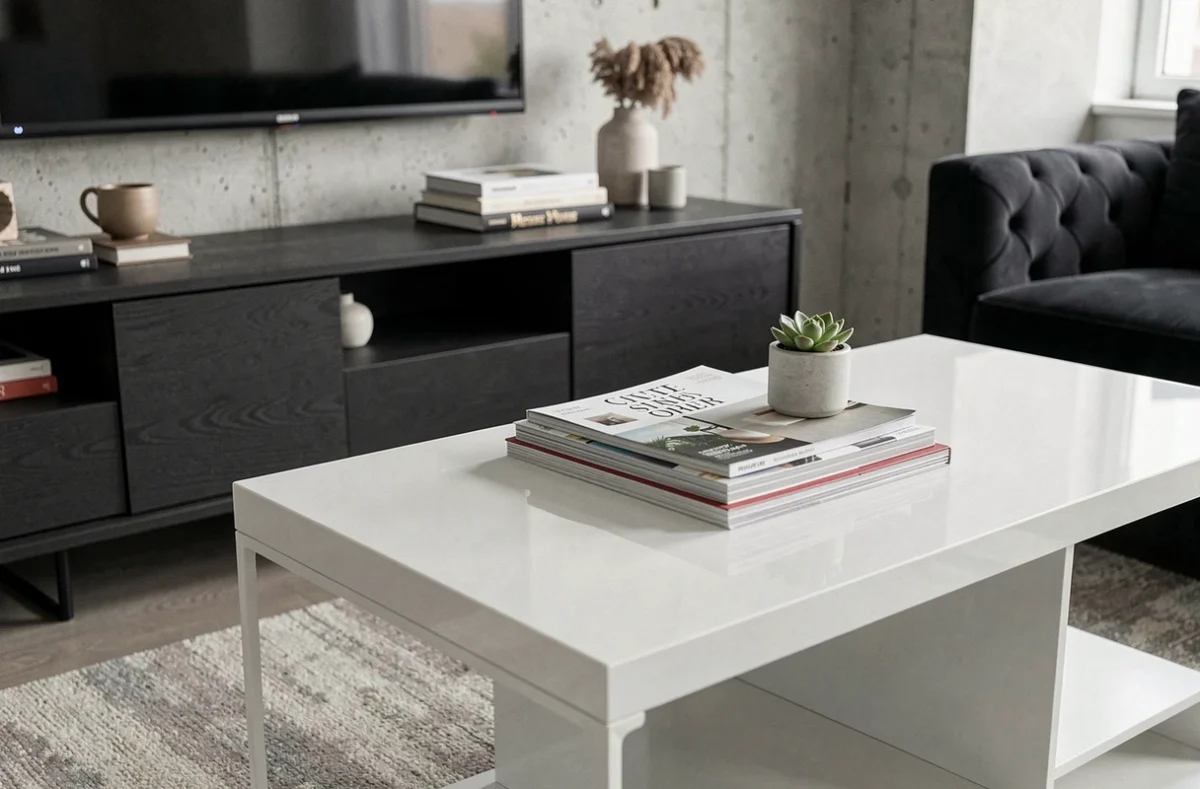 Table basse blanche et meuble TV gris contrastés dans un salon contemporain, décoration volontairement dépareillée